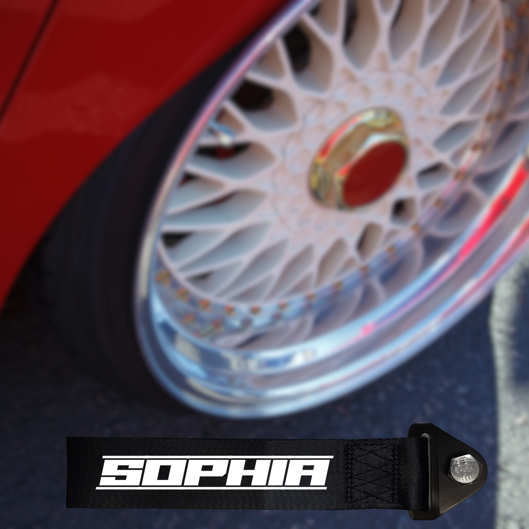 Custom Black Tow Strap with Reflective Suzuka Font