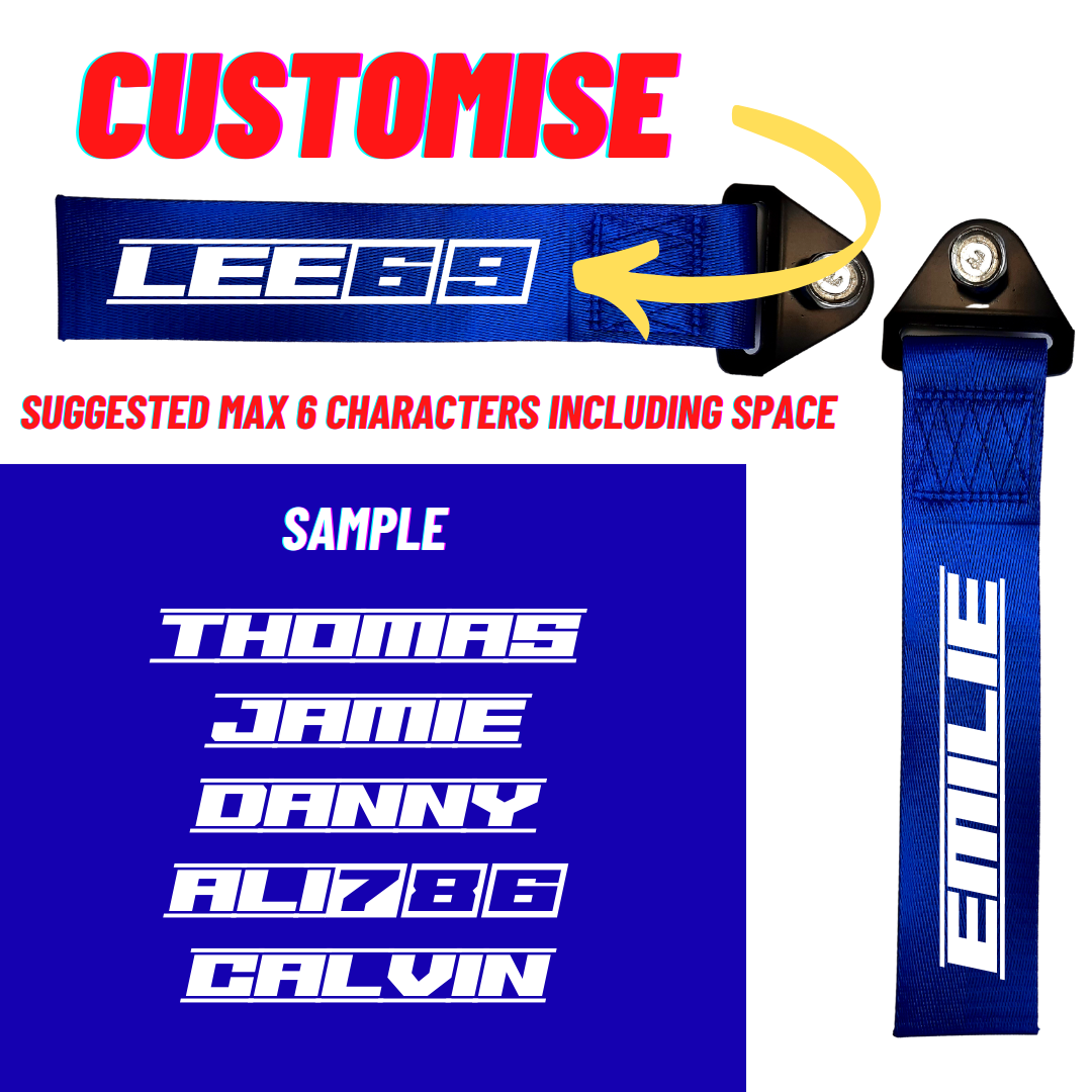 Custom Blue Tow Strap with Reflective Suzuka Font