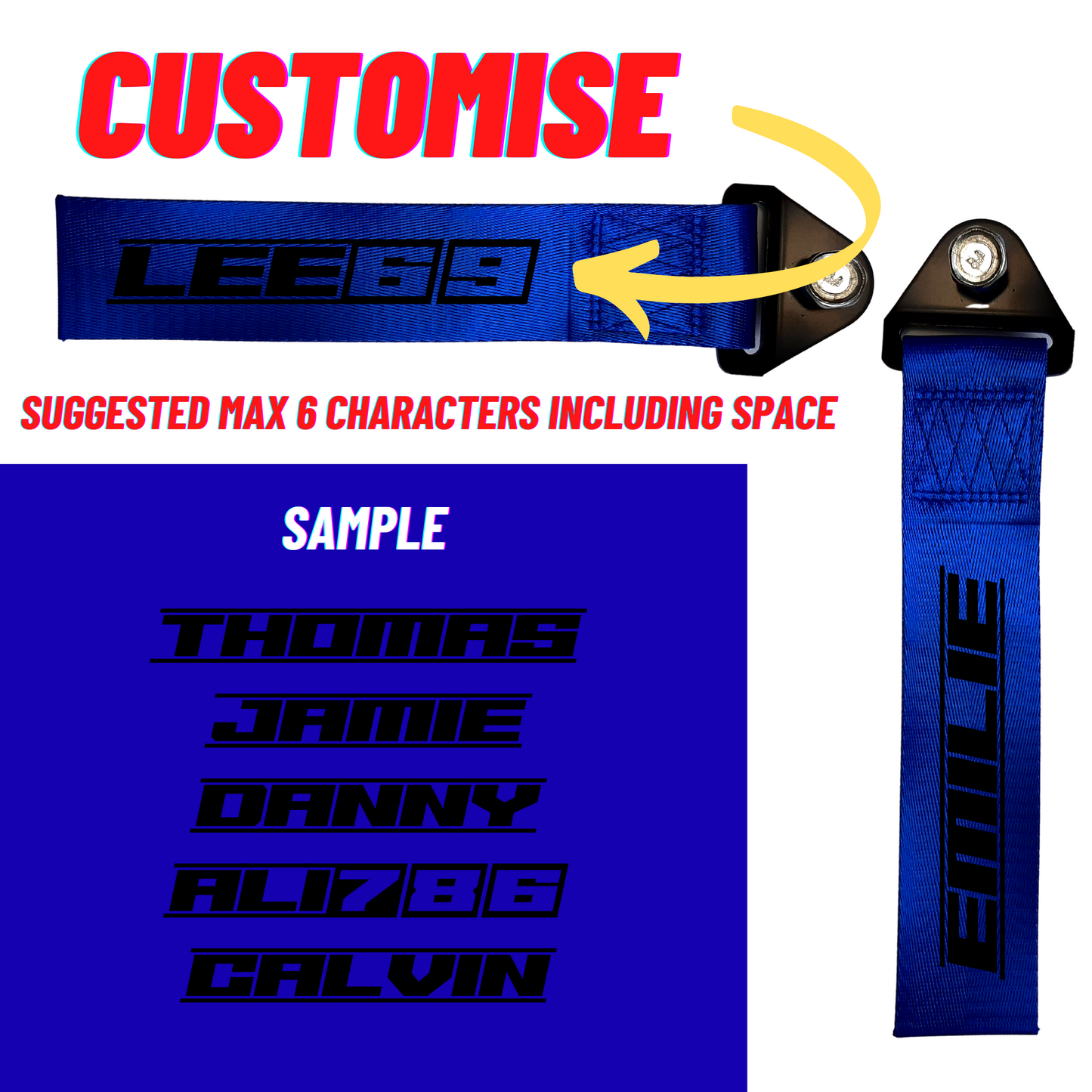 Custom Blue Tow Strap with Reflective Suzuka Font