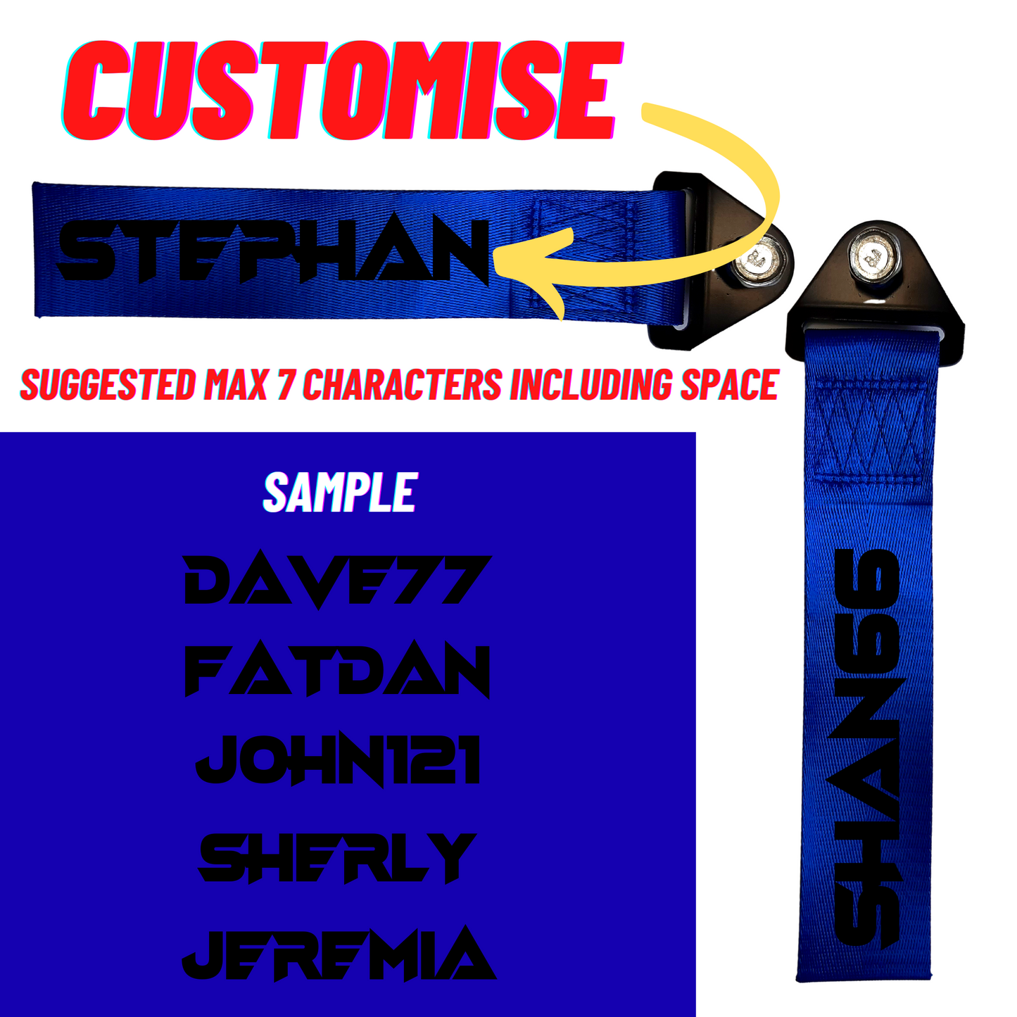 Custom Blue Tow Strap with Reflective Bolt Font