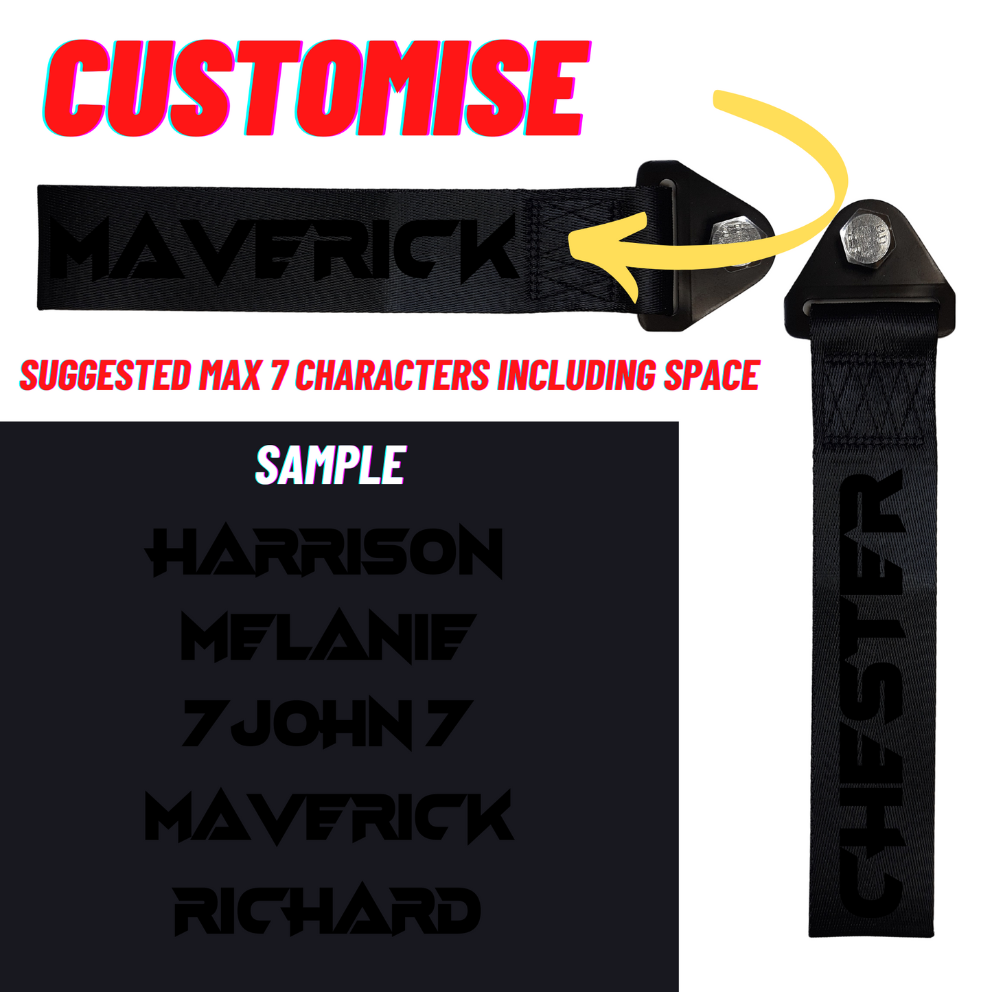 Custom Black Tow Strap with Reflective Bolt Font