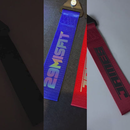 Custom Black Tow Strap with Reflective Bolt Font